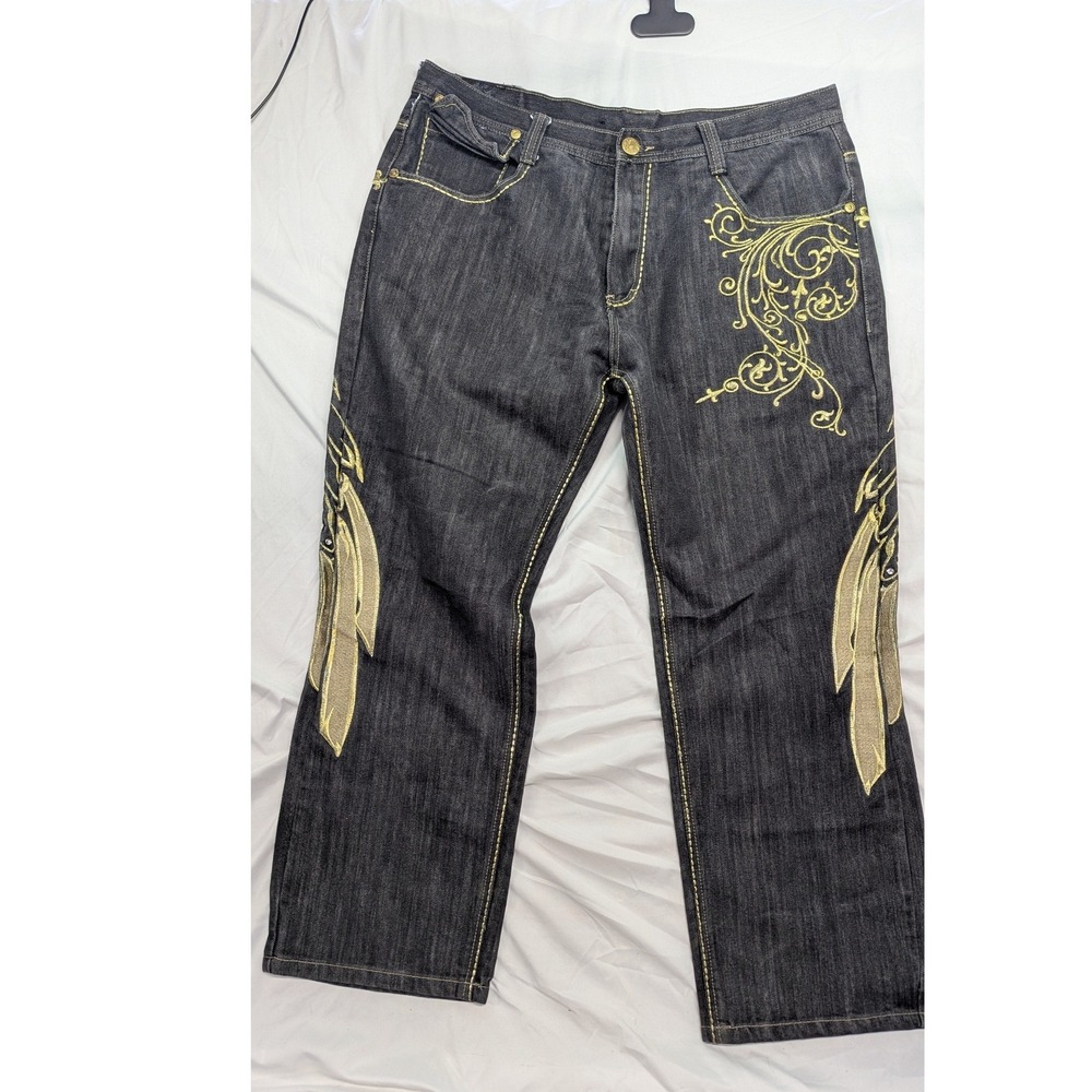 Imperious Mens Black Gold Embroidered Wing Rhinestone Jeans 38x32 Streetwear